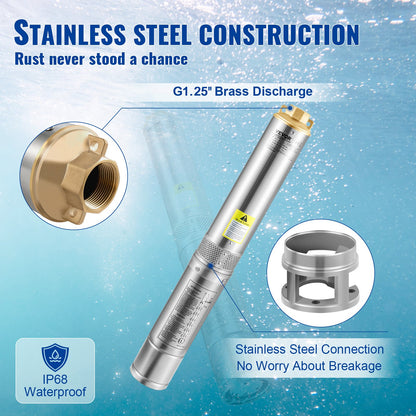 Dränkbar pump med djupa brunnar, 370W 230V/50Hz, 110L/min 44 m huvud, med 20 m sladd & extern kontrollbox, 10,2 cm vattenpumpar i rostfritt stål för industri, bevattning och hemmabruk, IP68 vattentät