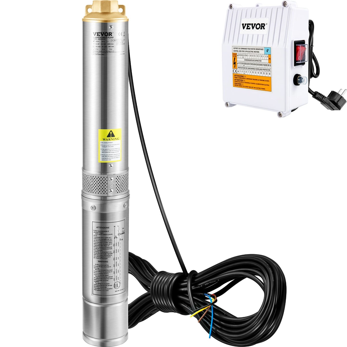 Dränkbar pump med djupa brunnar, 370W 230V/50Hz, 110L/min 44 m huvud, med 20 m sladd & extern kontrollbox, 10,2 cm vattenpumpar i rostfritt stål för industri, bevattning och hemmabruk, IP68 vattentät