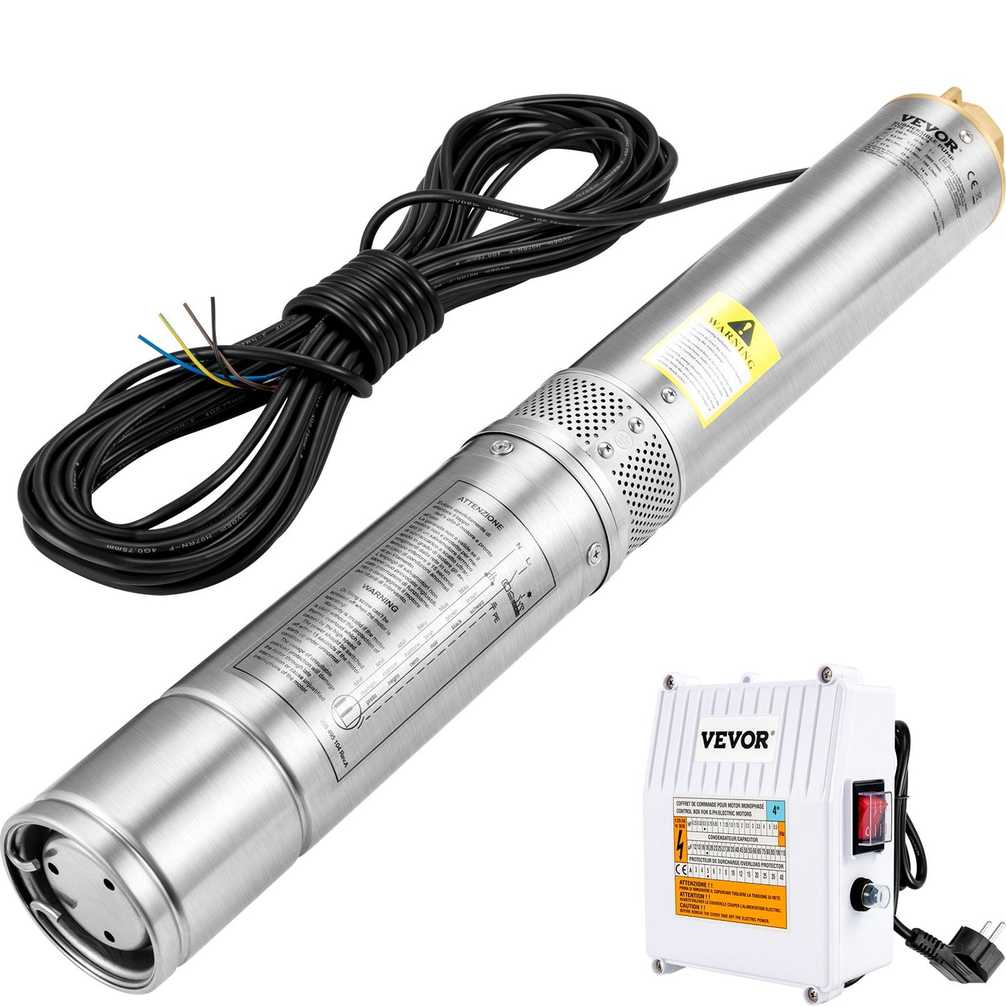 Dränkbar pump med djupa brunnar, 370W 230V/50Hz, 110L/min 44 m huvud, med 20 m sladd & extern kontrollbox, 10,2 cm vattenpumpar i rostfritt stål för industri, bevattning och hemmabruk, IP68 vattentät
