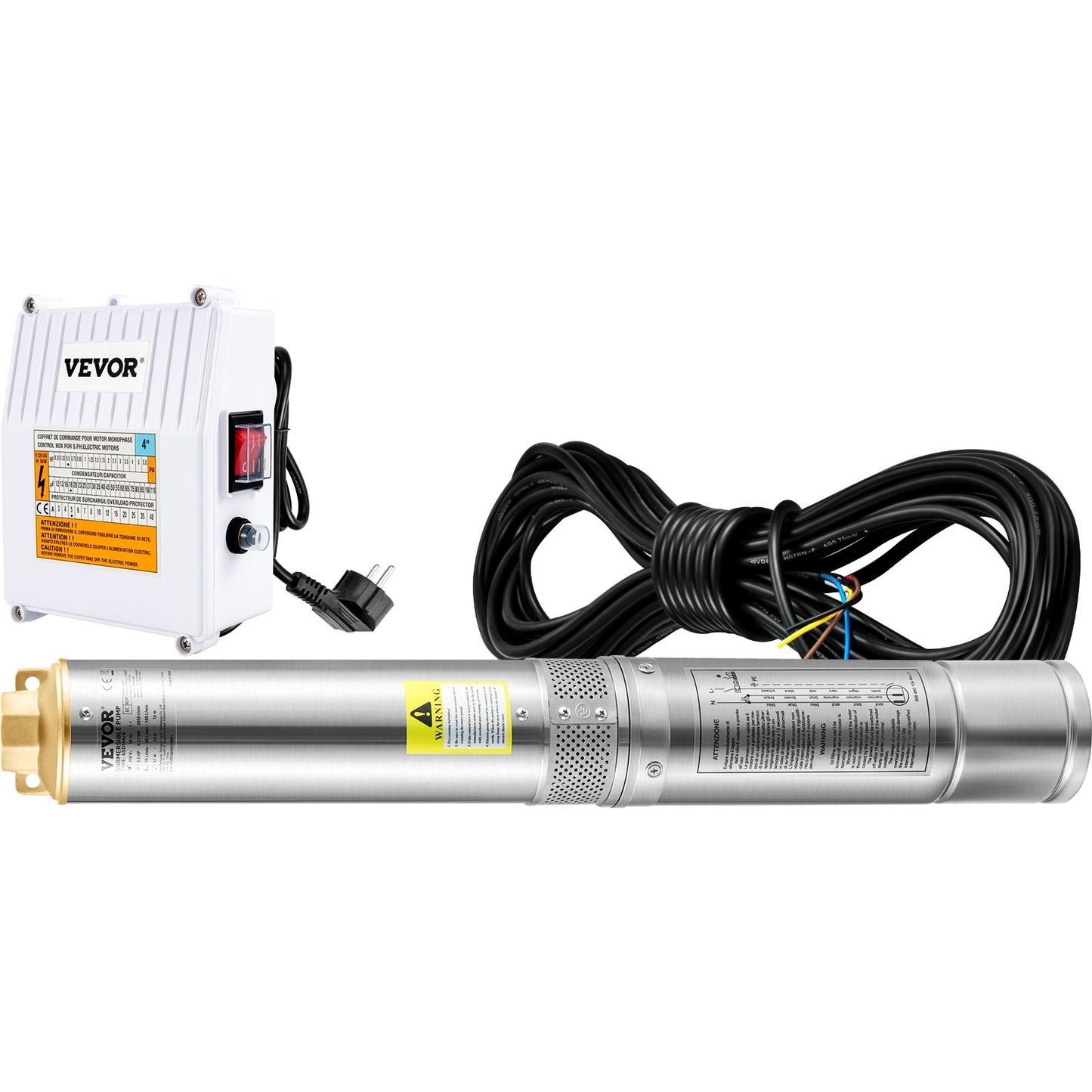 Dränkbar pump med djupa brunnar, 370W 230V/50Hz, 110L/min 44 m huvud, med 20 m sladd & extern kontrollbox, 10,2 cm vattenpumpar i rostfritt stål för industri, bevattning och hemmabruk, IP68 vattentät