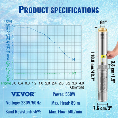 Dränkbar pump med djup brunn, 550W 230V/50Hz, 50L/min 89 m Huvud, 20 m sladd och automatisk tryckbrytare, 7,6 cm vattenpumpar i rostfritt stål för industri, bevattning och hemmabruk, IP68 vattentät