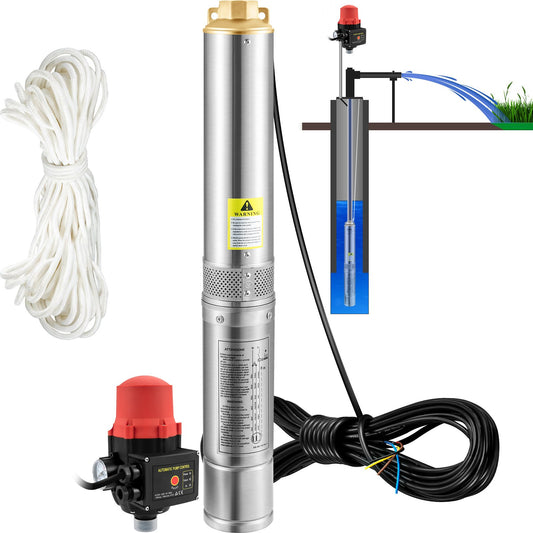Dränkbar pump med djup brunn, 550W 230V/50Hz, 50L/min 89 m Huvud, 20 m sladd och automatisk tryckbrytare, 7,6 cm vattenpumpar i rostfritt stål för industri, bevattning och hemmabruk, IP68 vattentät