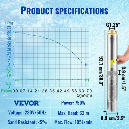 Dränkbar pump med djup brunn, 750W 230V/50Hz, 105L/min 62 m huvud, 20 m sladd och automatisk tryckbrytare, 8,9 cm vattenpumpar i rostfritt stål för industri, bevattning och hemmabruk, IP68 vattentät