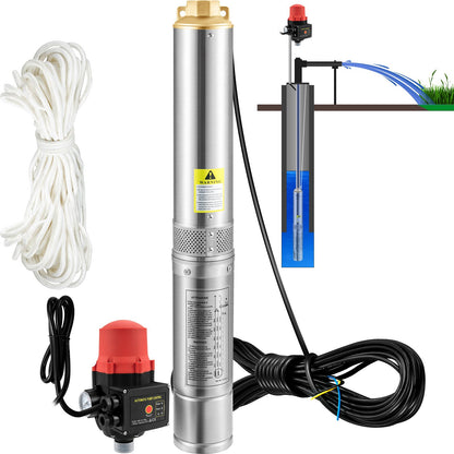 Dränkbar pump med djup brunn, 750W 230V/50Hz, 105L/min 62 m huvud, 20 m sladd och automatisk tryckbrytare, 8,9 cm vattenpumpar i rostfritt stål för industri, bevattning och hemmabruk, IP68 vattentät