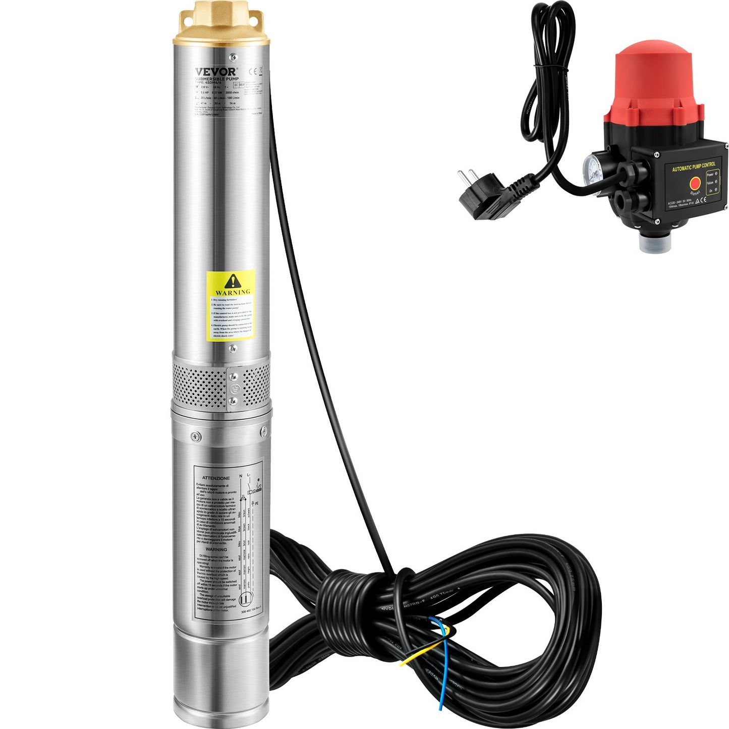 Dränkbar pump med djup brunn, 750W 230V/50Hz, 105L/min 62 m huvud, 20 m sladd och automatisk tryckbrytare, 8,9 cm vattenpumpar i rostfritt stål för industri, bevattning och hemmabruk, IP68 vattentät