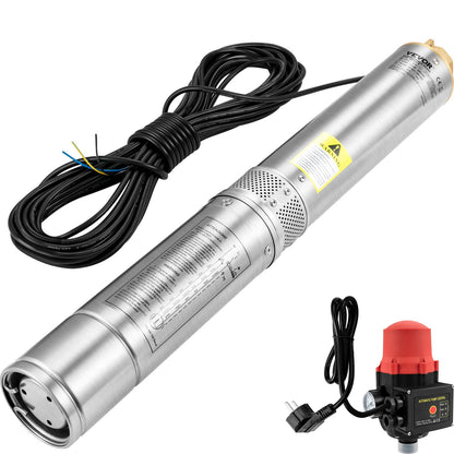 Dränkbar pump med djup brunn, 750W 230V/50Hz, 105L/min 62 m huvud, 20 m sladd och automatisk tryckbrytare, 8,9 cm vattenpumpar i rostfritt stål för industri, bevattning och hemmabruk, IP68 vattentät