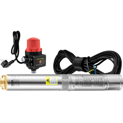 Dränkbar pump med djup brunn, 750W 230V/50Hz, 105L/min 62 m huvud, 20 m sladd och automatisk tryckbrytare, 8,9 cm vattenpumpar i rostfritt stål för industri, bevattning och hemmabruk, IP68 vattentät