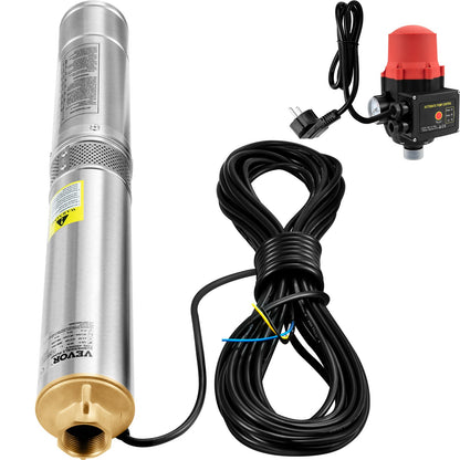 Dränkbar pump med djup brunn, 750W 230V/50Hz, 105L/min 62 m huvud, 20 m sladd och automatisk tryckbrytare, 8,9 cm vattenpumpar i rostfritt stål för industri, bevattning och hemmabruk, IP68 vattentät