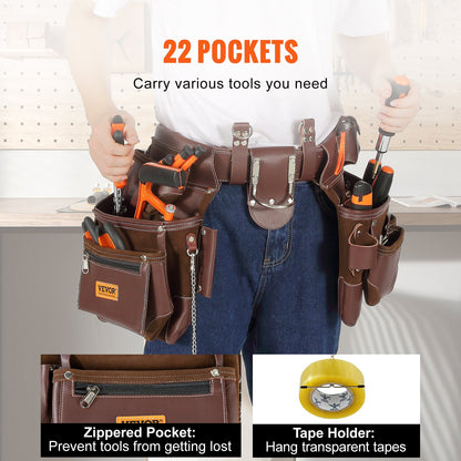 Werkzeuggürtel, 22 Taschen, verstellbar von 29 Zoll bis 54 Zoll, hochwertige, strapazierfähige Werkzeugtasche aus PU, abnehmbare Werkzeugtasche für Elektriker, Tischler, Handwerker, Holzarbeiter, Bauarbeiter, Einrahmer, Braun