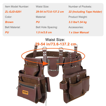 Werkzeuggürtel, 22 Taschen, verstellbar von 29 Zoll bis 54 Zoll, hochwertige, strapazierfähige Werkzeugtasche aus PU, abnehmbare Werkzeugtasche für Elektriker, Tischler, Handwerker, Holzarbeiter, Bauarbeiter, Einrahmer, Braun