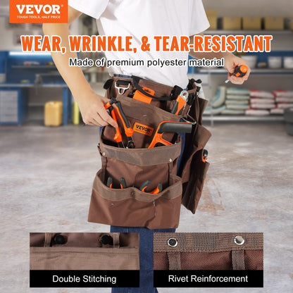 Verktygsbälte, 19 fickor, Justerbar från 32 tum till 54 tum, Polyester Heavy Duty verktygsväska, löstagbar verktygsväska för elektriker, snickare, hantverkare, träarbetare, konstruktion, ram, brun