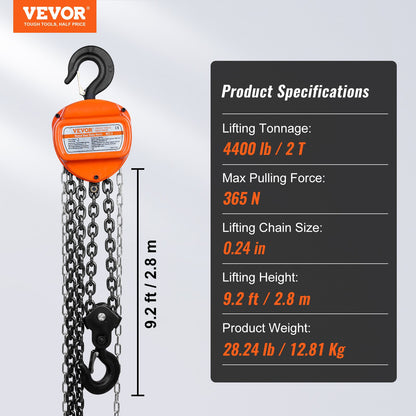 Manual Chain Hoist, 2 Ton 4400 lbs Capacity 10 FT Come Along, G80 Galvanized Carbon Steel with Double Lock Brake, Automatic Chain Guide and 360° Rotating Hook, for Garage Factory Dock