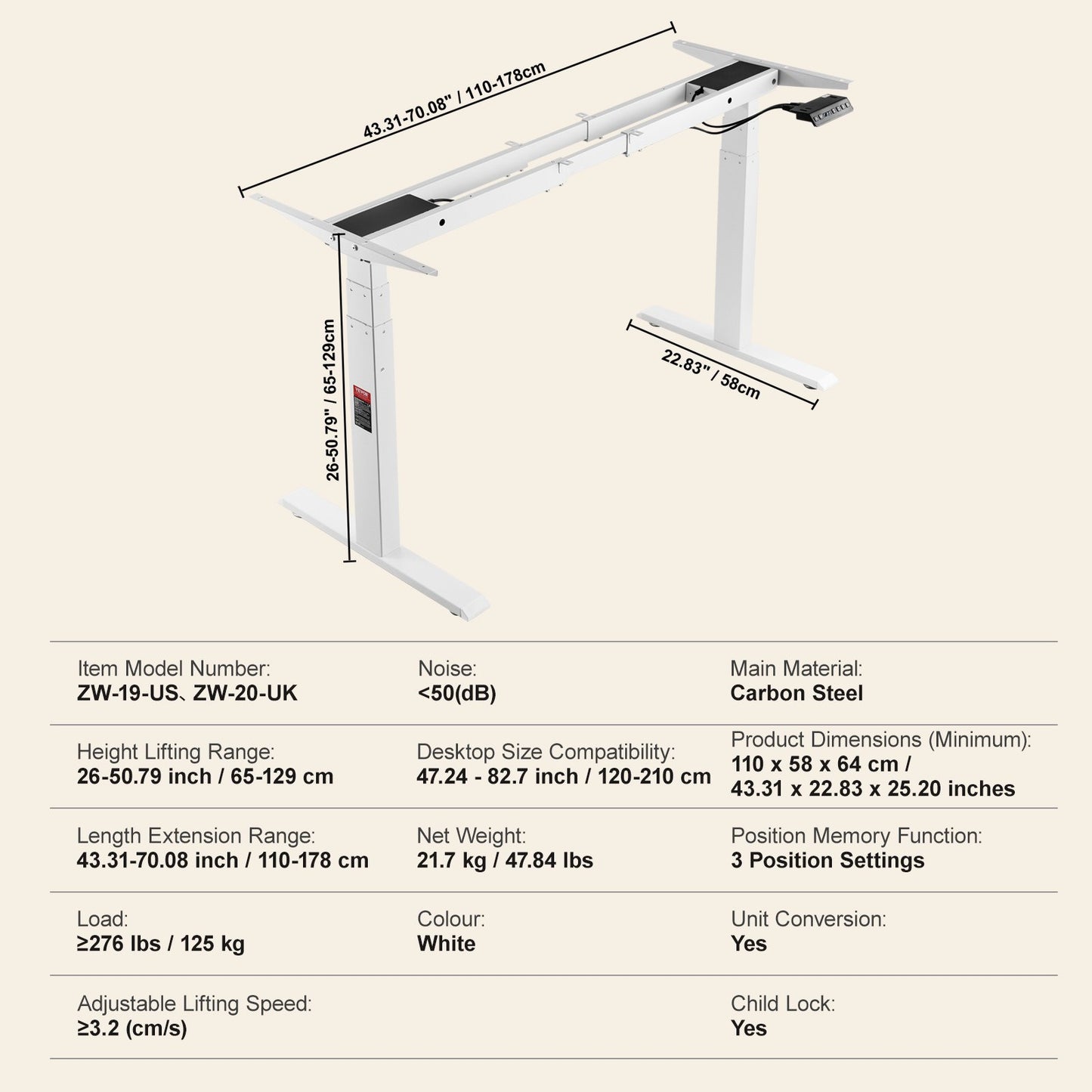 Elektrisk Ståbordsram Dubbelmotor Justerbar 66-129cm H Vit