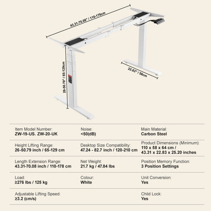 Elektrisk Ståbordsram Dubbelmotor Justerbar 66-129cm H Vit