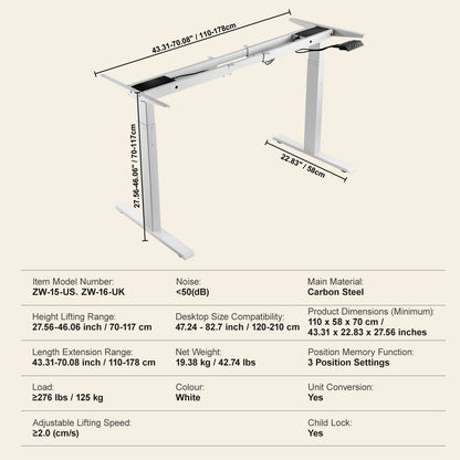 Stående skrivbordsram Dubbel motor, justerbar 27,6"-46,1" höjd & 43,3"-70,1" längd Elektrisk stativ dator skrivbordsben, ergonomisk DIY-arbetsstationsbas för hem och kontor (endast vit ram)