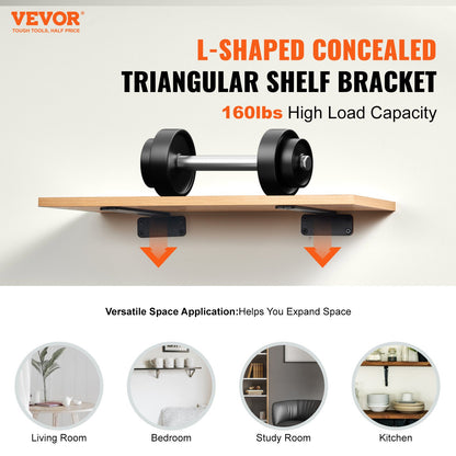 Shelf Bracket, 10”L x 4”W x 1.6”H, 6 pcs Heavy Duty Floating Shelf Brackets, Shelf Brackets, 5mm Thick Matte Black L-Shaped Shelf Bracket, Steel Shelves with 160 lbs Load Capacity