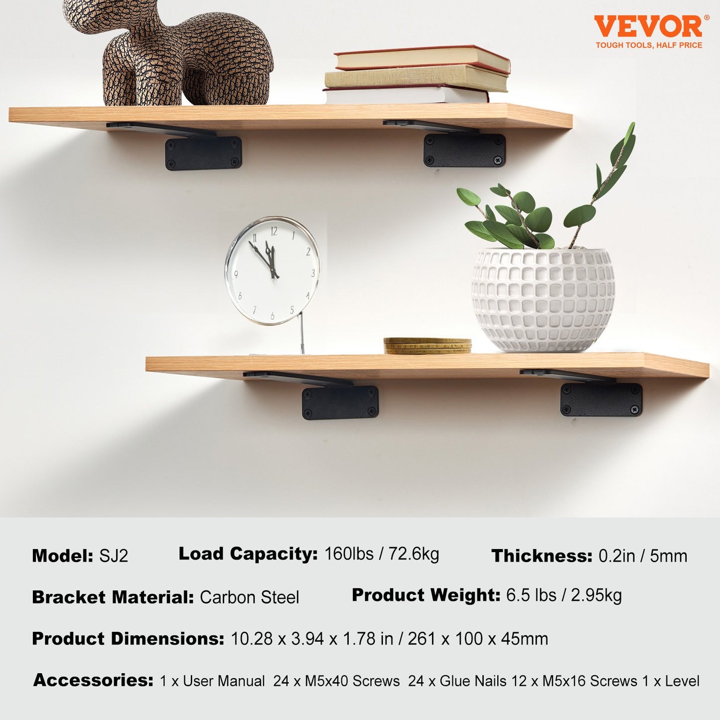 Shelf Bracket, 10”L x 4”W x 1.6”H, 6 pcs Heavy Duty Floating Shelf Brackets, Shelf Brackets, 5mm Thick Matte Black L-Shaped Shelf Bracket, Steel Shelves with 160 lbs Load Capacity