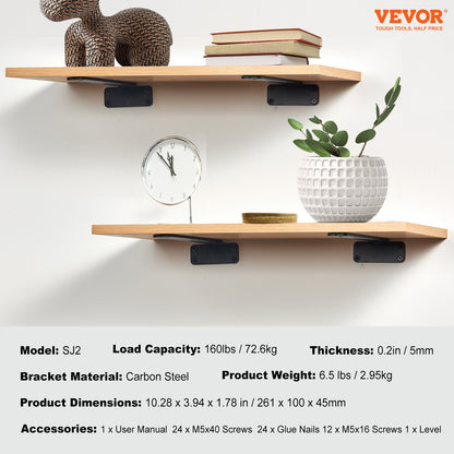 Shelf Bracket, 10”L x 4”W x 1.6”H, 6 pcs Heavy Duty Floating Shelf Brackets, Shelf Brackets, 5mm Thick Matte Black L-Shaped Shelf Bracket, Steel Shelves with 160 lbs Load Capacity