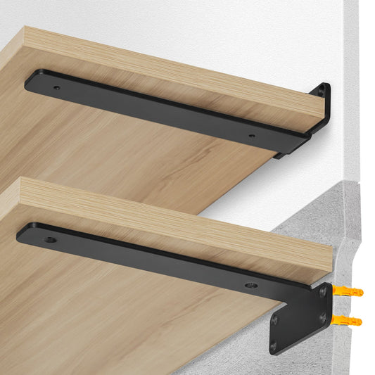 Hyllfäste, 8”L x 4”B x 1,6”H 6 st, Kraftiga flytande hyllfästen, fästen för hyllor, 5 mm tjock mattsvart L-hyllfäste, Stålhyllkonsoler med 160 lbs lastkapacitet