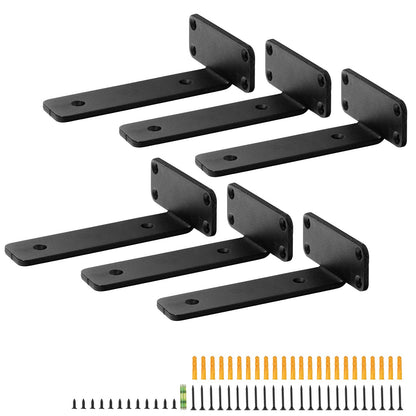 Hyllfäste, 8”L x 4”B x 1,6”H 6 st, Kraftiga flytande hyllfästen, fästen för hyllor, 5 mm tjock mattsvart L-hyllfäste, Stålhyllkonsoler med 160 lbs lastkapacitet