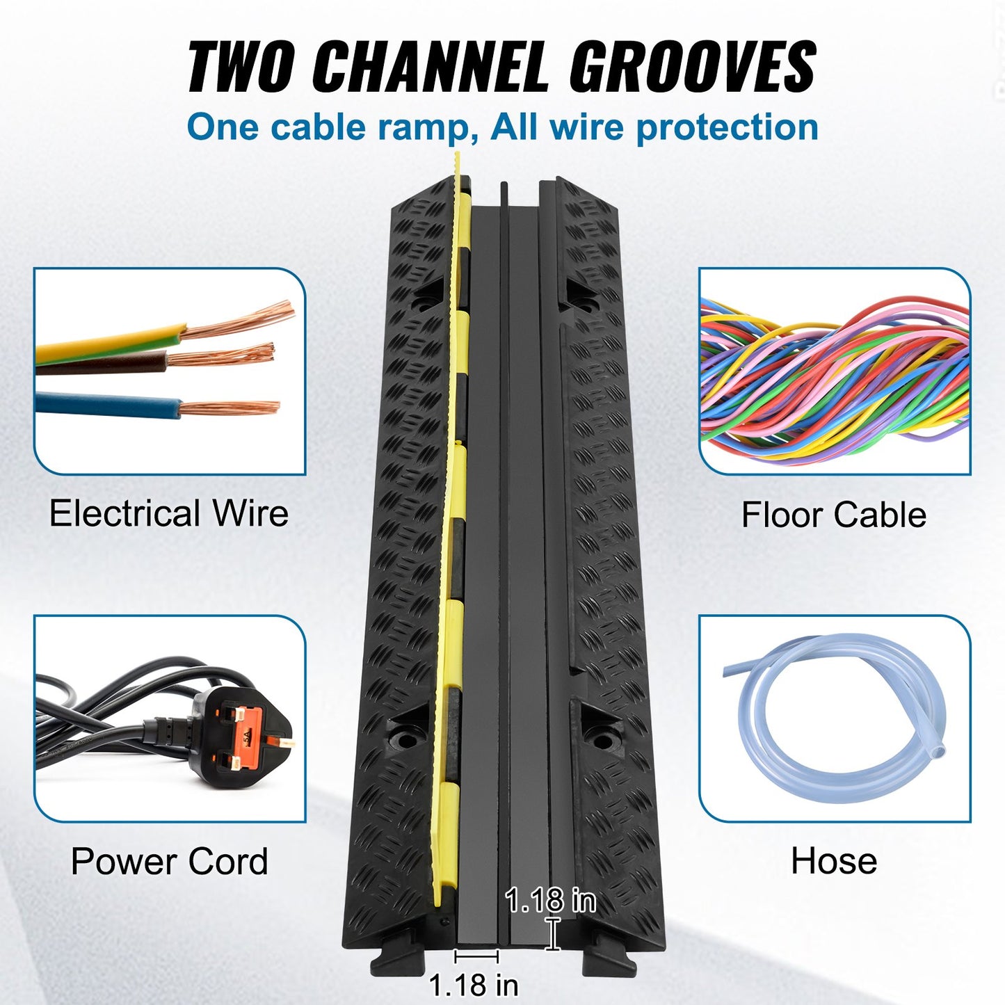5 PCs Rubber Cable Protection Ramp, 2-Channel, 12,000 lbs/Axle Capacity Heavy Duty Hose Wire Protection Ramp Driveway, Traffic Speed Barrier with Flip-Open Top Cover and 50 Feet Warning Tape, for Indoor and Outdoor