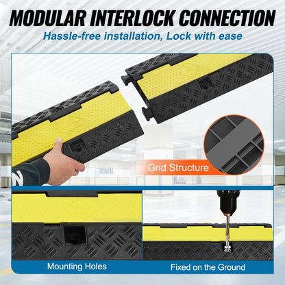 5 PCs Rubber Cable Protection Ramp, 2-Channel, 12,000 lbs/Axle Capacity Heavy Duty Hose Wire Protection Ramp Driveway, Traffic Speed Barrier with Flip-Open Top Cover and 50 Feet Warning Tape, for Indoor and Outdoor