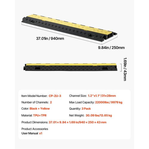 Kabelskyddsramp, 9 979 kg/axelkapacitet, 2-kanals kraftigt TPU-sladdskydd för slang, 31 x 28 mm kanal, trafikhinder med öppningsbart toppskydd, för inomhus- och utomhusbruk, 3-pack |  EU