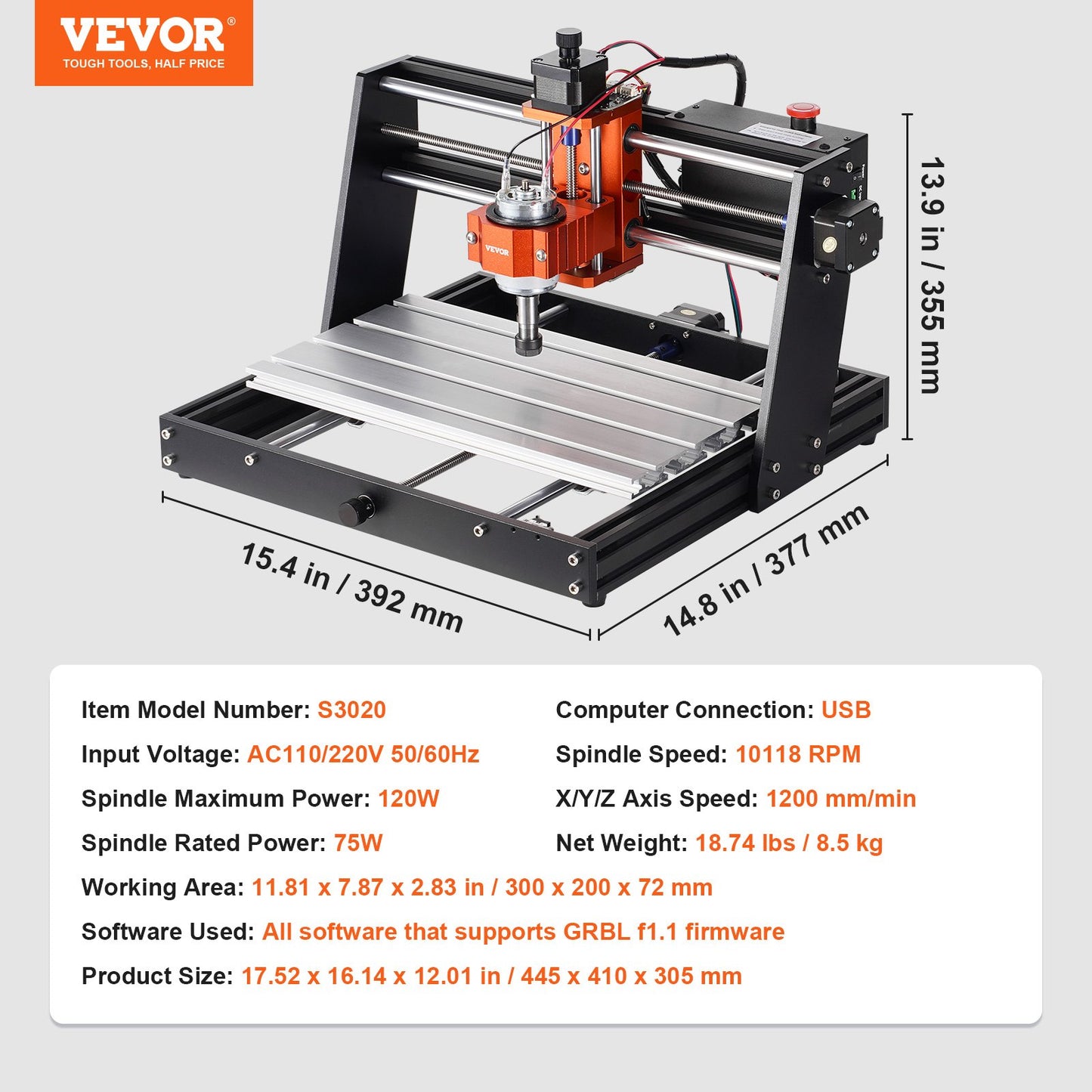 CNC-fräsmaskin, 300x200x72mm arbetsyta, 120W gravyrmaskin, 3-axlig GRBL-kontroll Trägravering Carving Fräsmaskinsats 1200RPM med offlinekontroll för trä, akryl, MDF, PVC, plastskum