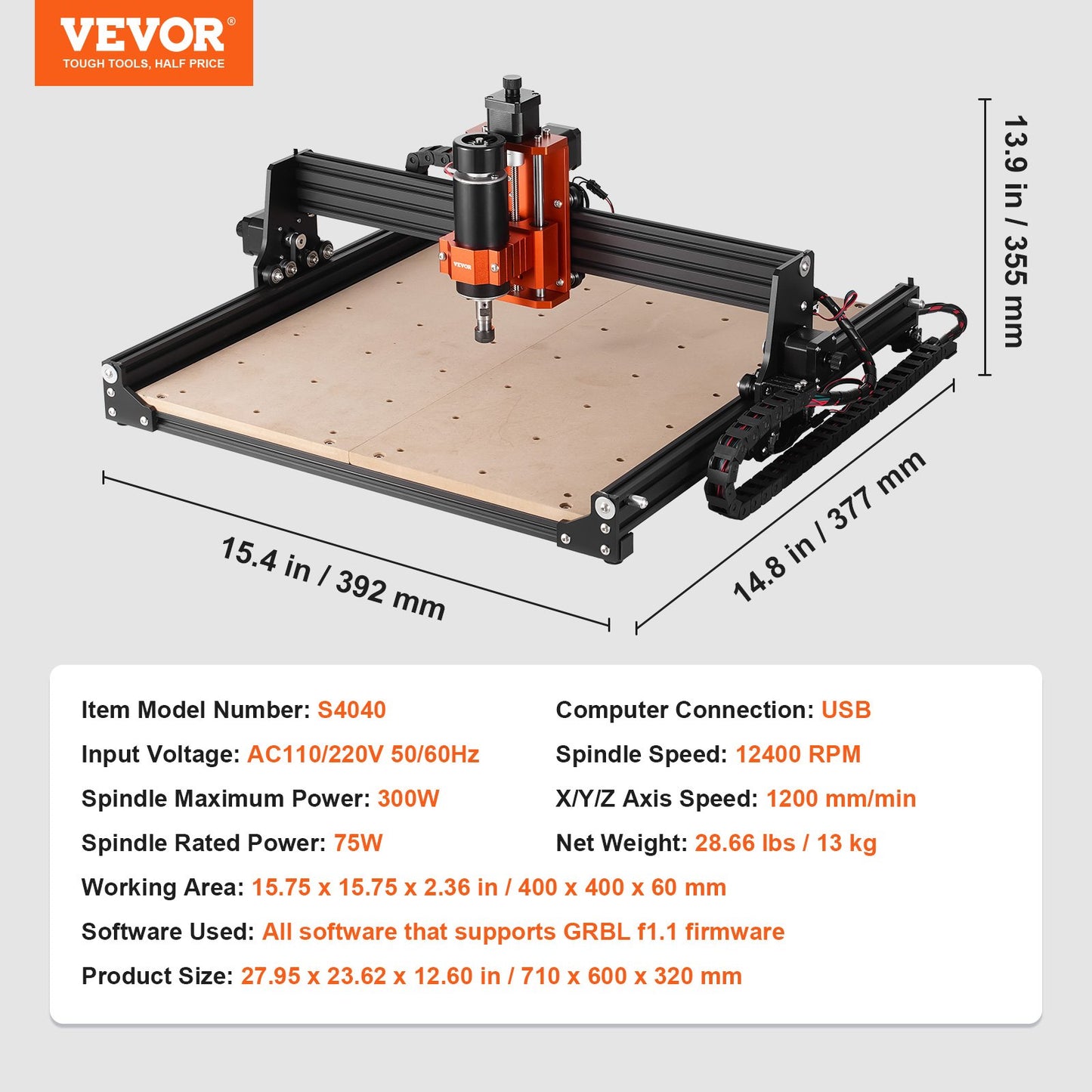 CNC-fräsmaskin, 400x400x60mm arbetsyta, 300W gravyrmaskin, 3-axlig GRBL-kontroll Trägravyr Sniderfräsmaskinsats 1200RPM med offlinekontroll för trä, akryl, MDF, PVC, plastskum