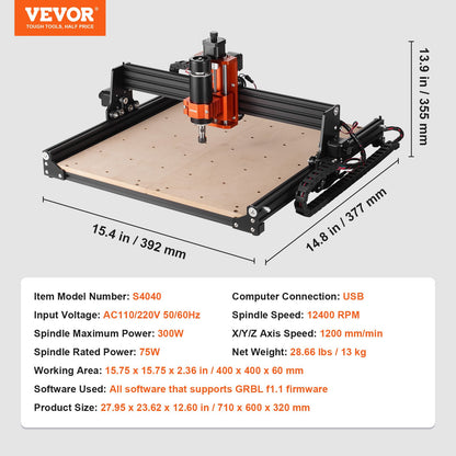 CNC-fräsmaskin, 400x400x60mm arbetsyta, 300W gravyrmaskin, 3-axlig GRBL-kontroll Trägravyr Sniderfräsmaskinsats 1200RPM med offlinekontroll för trä, akryl, MDF, PVC, plastskum