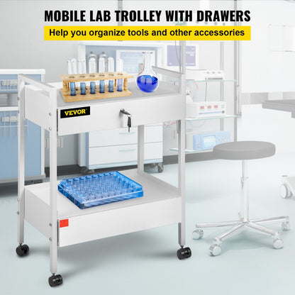 Lab Cart, 2 våningar rostfritt stål Utility Cart Medical Cart 2 lådor Rullande labbvagn Vit färg serveringsvagn med 360° hjul för laboratorie sjukhus Tandvårdssalong Skönhet