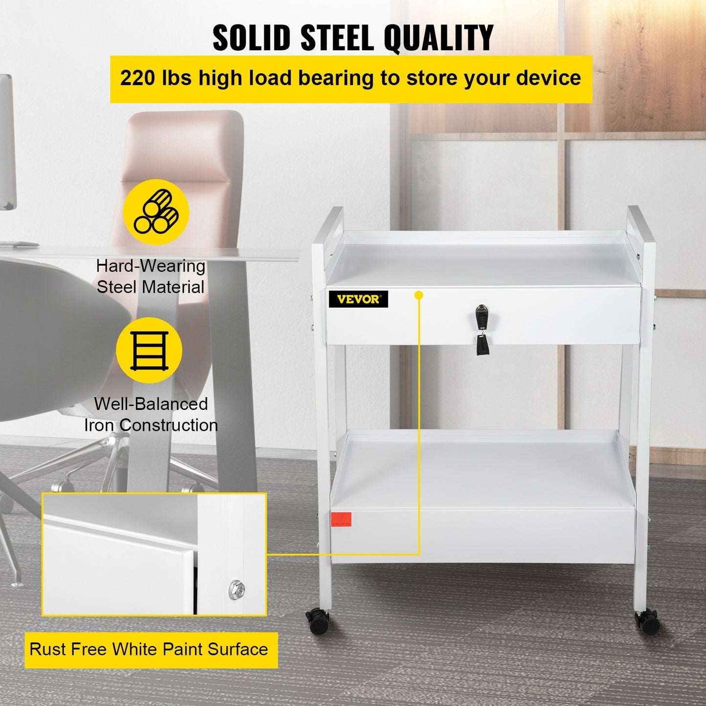 Lab Cart, 2 våningar rostfritt stål Utility Cart Medical Cart 2 lådor Rullande labbvagn Vit färg serveringsvagn med 360° hjul för laboratorie sjukhus Tandvårdssalong Skönhet