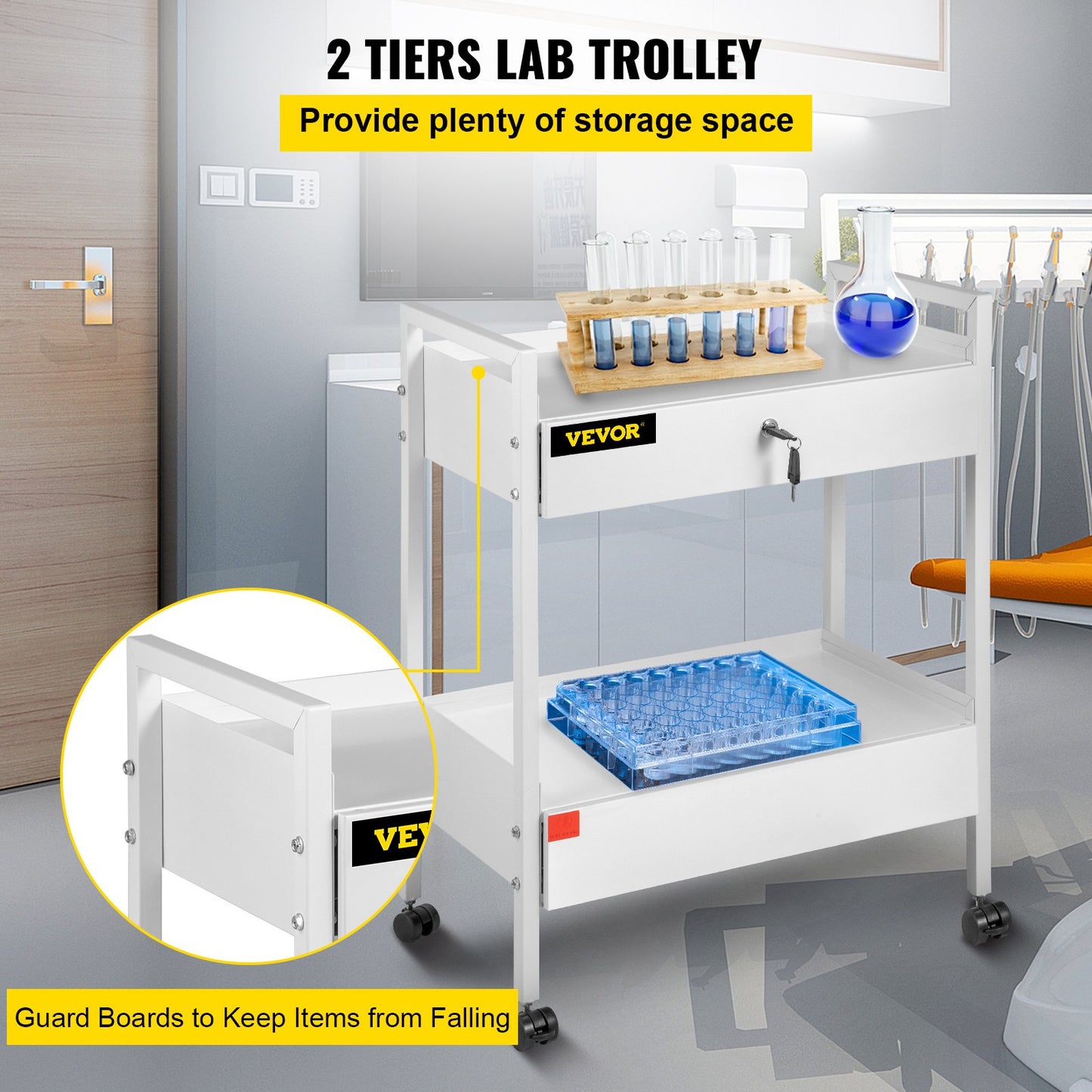 Lab Cart, 2 våningar rostfritt stål Utility Cart Medical Cart 2 lådor Rullande labbvagn Vit färg serveringsvagn med 360° hjul för laboratorie sjukhus Tandvårdssalong Skönhet