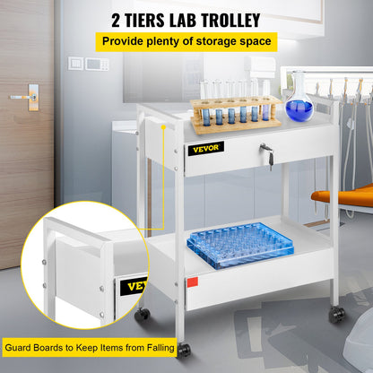 Lab Cart, 2 våningar rostfritt stål Utility Cart Medical Cart 2 lådor Rullande labbvagn Vit färg serveringsvagn med 360° hjul för laboratorie sjukhus Tandvårdssalong Skönhet