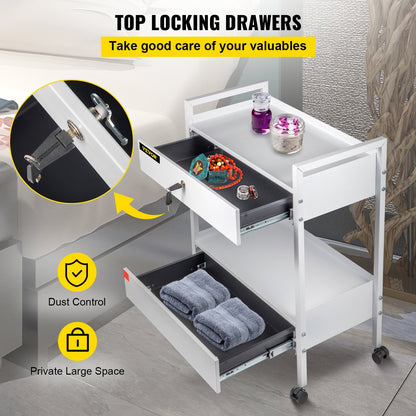 Lab Cart, 2 våningar rostfritt stål Utility Cart Medical Cart 2 lådor Rullande labbvagn Vit färg serveringsvagn med 360° hjul för laboratorie sjukhus Tandvårdssalong Skönhet