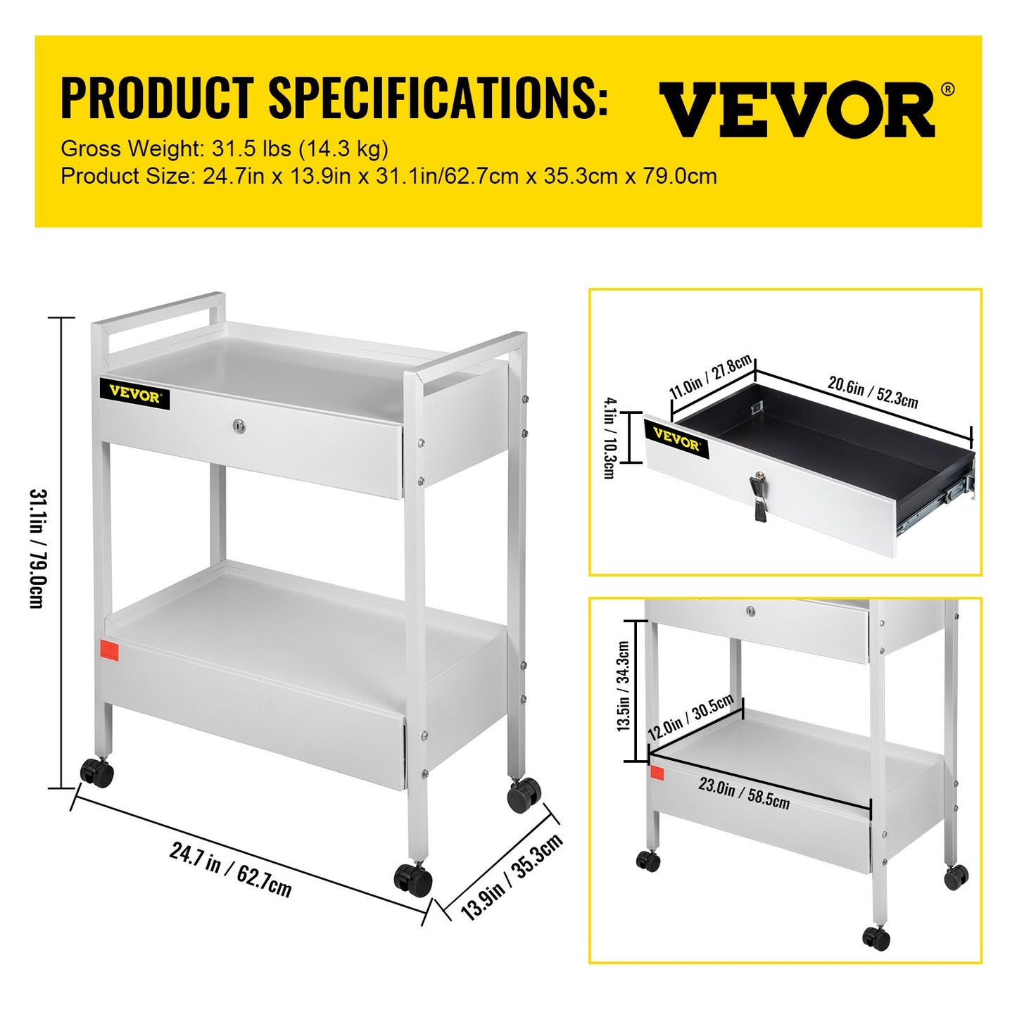 Lab Cart, 2 våningar rostfritt stål Utility Cart Medical Cart 2 lådor Rullande labbvagn Vit färg serveringsvagn med 360° hjul för laboratorie sjukhus Tandvårdssalong Skönhet