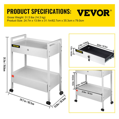 Lab Cart, 2 våningar rostfritt stål Utility Cart Medical Cart 2 lådor Rullande labbvagn Vit färg serveringsvagn med 360° hjul för laboratorie sjukhus Tandvårdssalong Skönhet