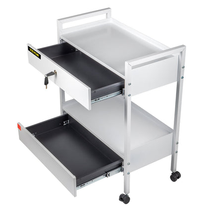 Lab Cart, 2 våningar rostfritt stål Utility Cart Medical Cart 2 lådor Rullande labbvagn Vit färg serveringsvagn med 360° hjul för laboratorie sjukhus Tandvårdssalong Skönhet