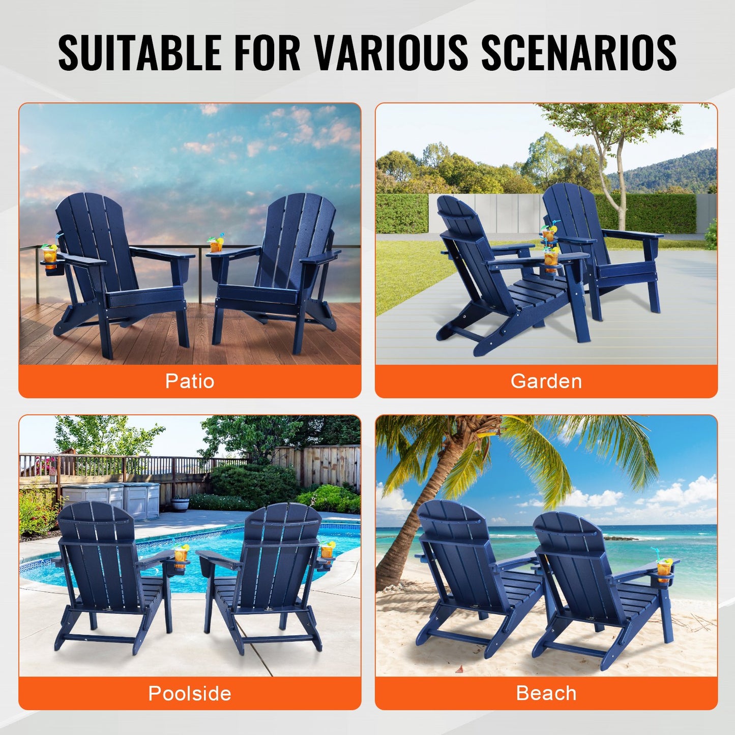 Adirondack Stol Plast Set med 2 All Weather Folding Fire Pit Marinblå