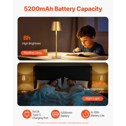 Sladdlös Bordslampa 2-pack 5200mAh Uppladdningsbart Batteri Skrivbordslampa Guld