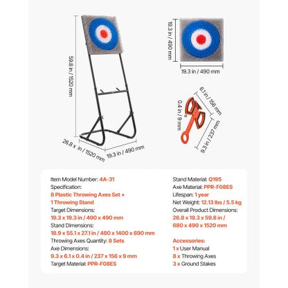Axe Throwing Game Plastic Brush Target 8 Throwing Axes Set Steel Frame | EU
