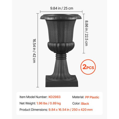Plastic Urn Planters 25 x 42 cm Black Flower Pedestal Flower Pots | EU