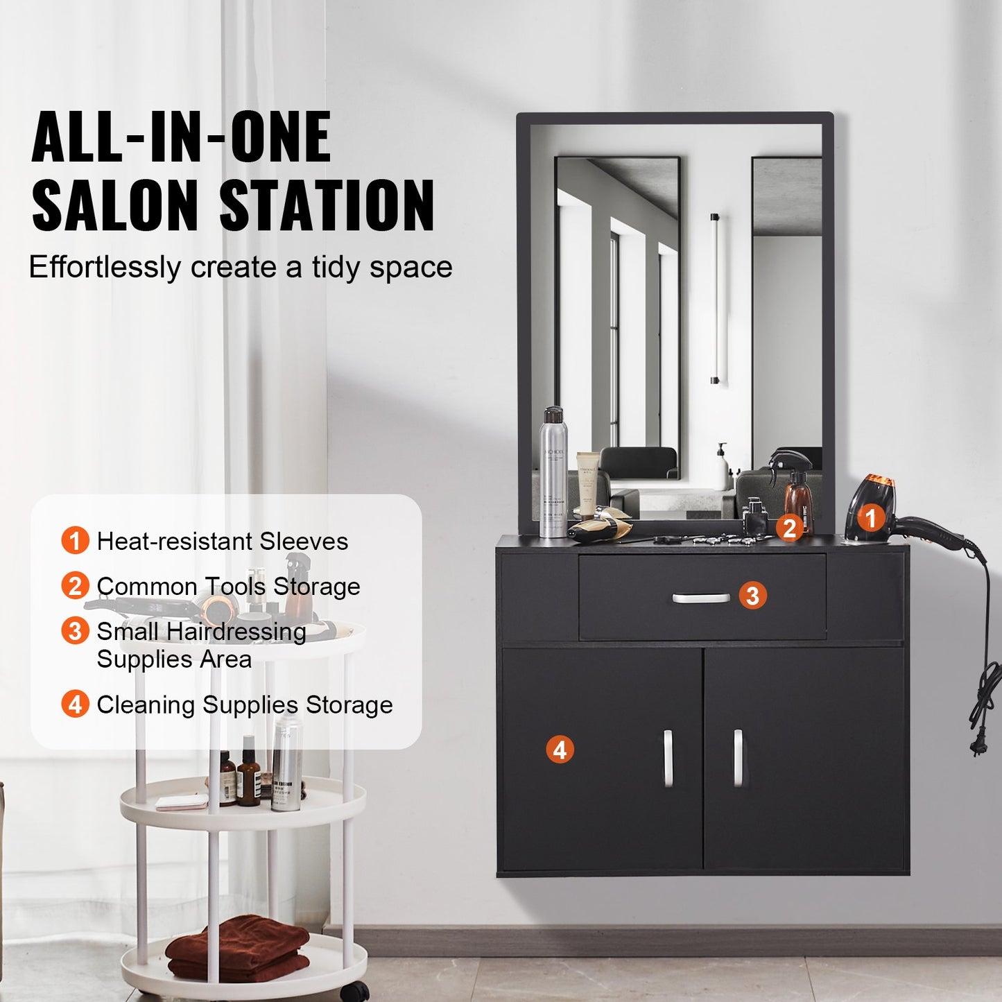 Salon Förvaringsskåp, Väggmonterad Frisörsalong Station för frisör, Frisörstationsset, med 3 ärmar, en spegel, dubbeldörrsskåp och en låda, svart
