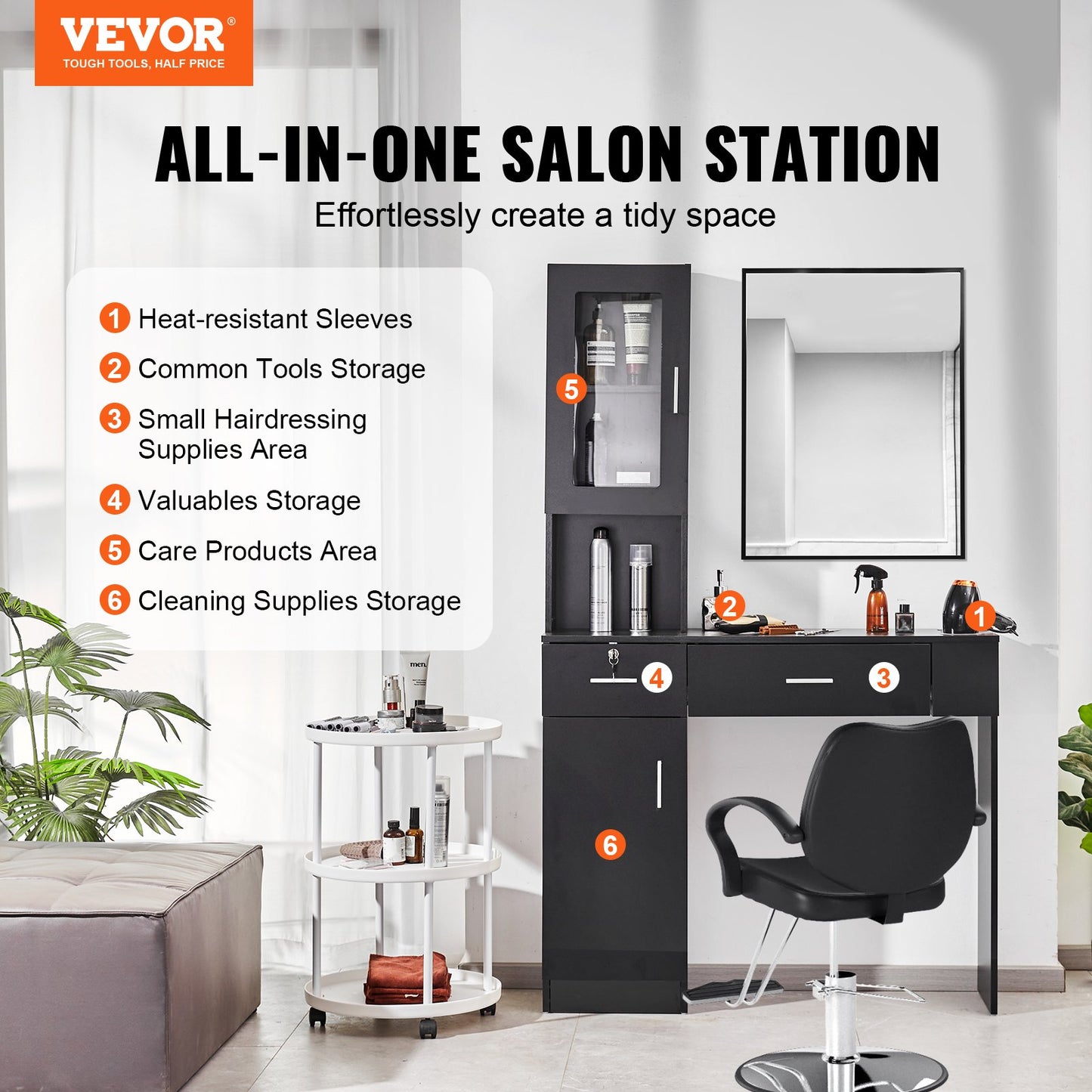 Salong Station, Väggmonterad Barber Salon Station för frisör, Beauty Spa Möbelset, 1 förvaringsskåp, 3 Cubbies och 2 lådor (en låsbar), Svart