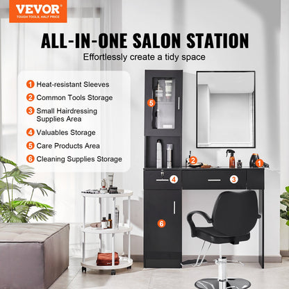 Salong Station, Väggmonterad Barber Salon Station för frisör, Beauty Spa Möbelset, 1 förvaringsskåp, 3 Cubbies och 2 lådor (en låsbar), Svart