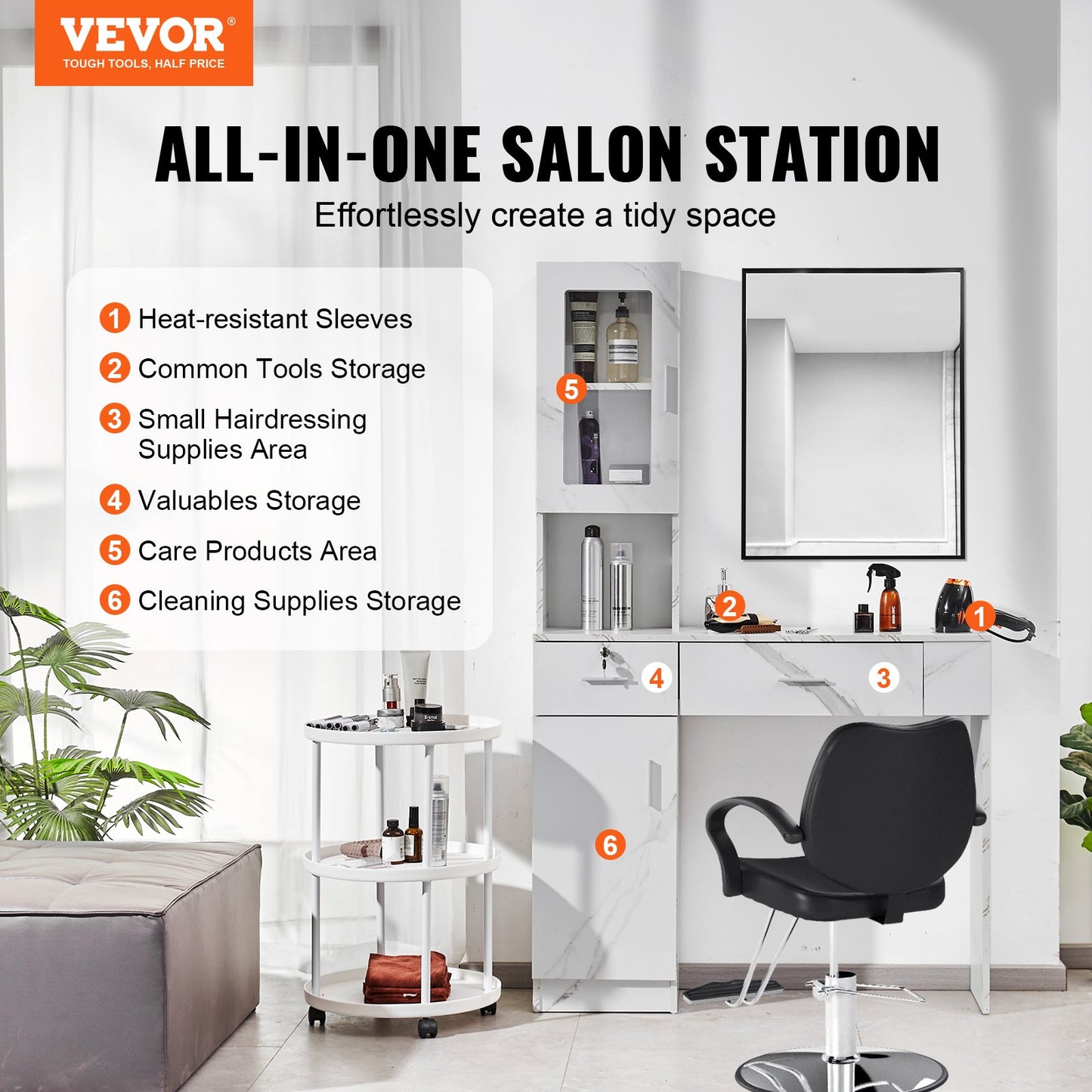 Salong Station, Väggmonterad Barber Salon Station för frisör, Beauty Spa Möbelset, 1 förvaringsskåp, 3 Cubbies och 2 lådor (en låsbar), Vit