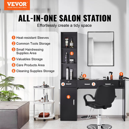 Salong Station, Väggmonterad Frisörsalong Station för frisör, Beauty Spa Möbelset, 1 förvaringsskåp, 3 öppna Cubbies och 3 lådor (en låsbar), svart