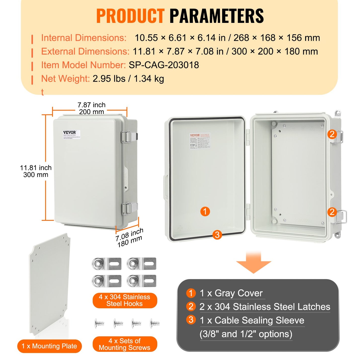 Outdoor Electrical Junction Box, 11.81 x 7.87 x 7.08 inches, ABS Plastic Electrical Box with Hinged Stainless Steel Latch, IP67 Dustproof Waterproof for Outdoor Electrical Projects