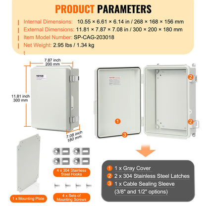 Outdoor Electrical Junction Box, 11.81 x 7.87 x 7.08 inches, ABS Plastic Electrical Box with Hinged Stainless Steel Latch, IP67 Dustproof Waterproof for Outdoor Electrical Projects