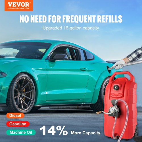 16 Gallon Fuel Caddy, 7,8 L/min, bärbar gastankbehållare med handpump gummihjul, bränsleöverföringslagringstank för bensin Dieselmaskin Oljeklippare Traktorbåt Motorcykel |  EU